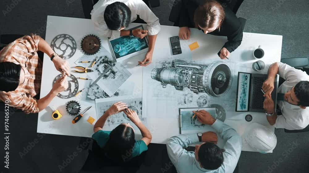 Poster top down aerial view of smart engineer team working together to design turbine engine. professional 
