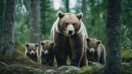 Fototapeta premium A majestic bear with cubs in a serene forest setting, showcasing the beauty of wildlife and nature.