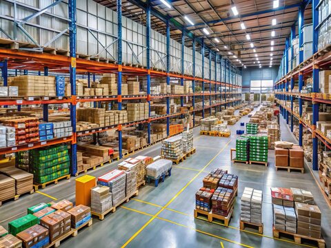 Bulk shopping destination with rows of pallets and shelves stocked with discounted household essentials and electronics