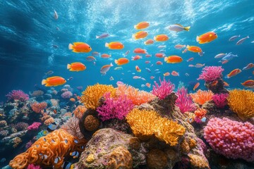 Fototapeta premium Frame mockup on a coral rock, vibrant coral reef ecosystem with schools of fish, 3D illustration
