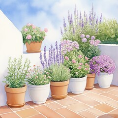 Vibrant flowering pots line a sunny terrace, showcasing lush greenery and colorful blossoms for a cheerful outdoor scene.
