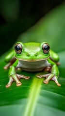 Fototapeta premium A tight shot of a frog perched on a single green leaf Surrounding are abundant, slightly out-of-focus green leaves The frog's eyes are faint