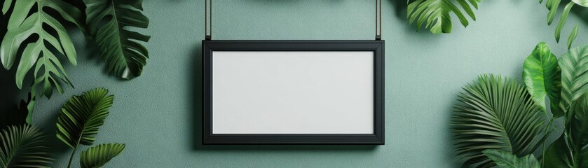 Obraz premium Frame mockup hanging from a vine, tropical rainforest with exotic plants, 3D illustration