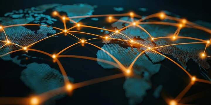 A network visualization over a world map, highlighting global connectivity and digital communication.