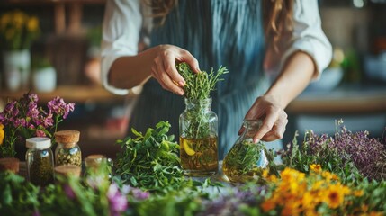 Woman Making Herbal Tea With Fresh Herbs and Flowers