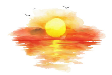 Stunning watercolor painting depicting a serene sunset over a calm ocean. Beautiful blend of warm colors creating a peaceful ambiance.