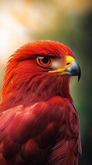 Fototapeta premium A red bird with a yellow beak and a black head Close-up background blurred