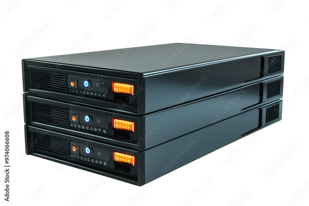 Poster three black server units stacked together, showcasing modern data storage solutions with sleek desig