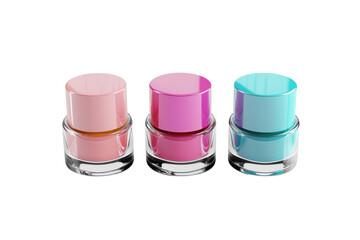 Three bottles of colorful nail polish in pastel pink, magenta, and turquoise colors, arranged in a row on a transparent background.