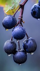  Blueberries dangle from a tree branch, adorned with water-speckled leaves and ripe fruits clinging on