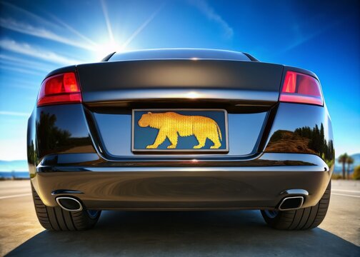 California license plate with golden bear emblem on a blue background, mounted on a sleek black sports car's