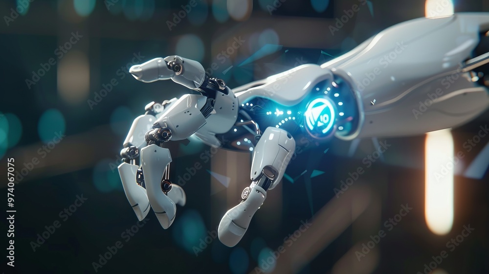 Poster a robotic hand is shown in a futuristic setting with a blue light on its wrist