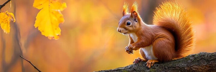 Obraz premium A red squirrel atop a tree branch against a backdrop of golden-hued leaves
