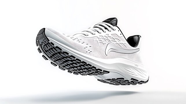 White athletic running shoes with black soles rest against a white background, their design sleek and practical.