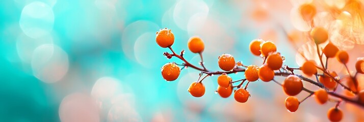Fototapeta premium A tight shot of berry-laden branch, with water beads on leaves and indistinct backdrop