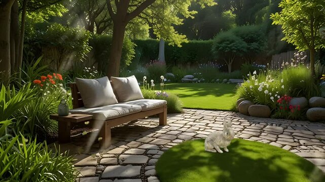 Cozy chairs and tables in the back garden of the house. Seamless 4K looping timelapse video animation background