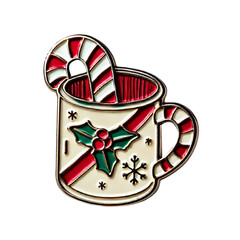 Christmas Mug Enamel Pin with Holly and Candy Cane - isolated on transparent background, PNG. Festive enamel pin featuring a holiday-themed mug with holly, candy cane, and snowflake details in red