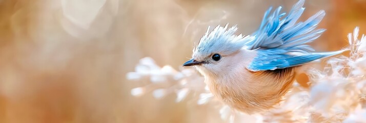  A tight shot of a blue-and-white bird, its back adorned with feathers, against a softly blurred background