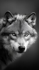 Obraz premium A close-up of a wolf's face in black and white photography