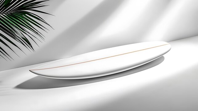 A white surfboard with an orange stripe sits against a minimal background, elegant and clean.