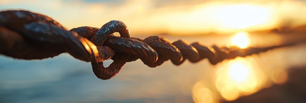  A tight shot of a chain-link fence against a sunset backdrop, with a body of water in the foreground