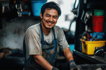 A man with a beard and mustache is smiling in front of a workbench
