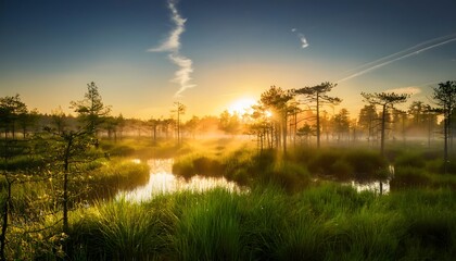Obraz premium swamp forest with sunrise, fog, green grass and golden sunshine