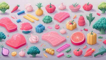 3D illustrations of meat, vegetables, bell peppers, tomatoes, onions, garlic and herbs in cute low polygon shapes in pastel colors.