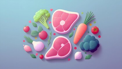 Fototapeta premium 3D illustrations of meat, vegetables, bell peppers, tomatoes, onions, garlic and herbs in cute low polygon shapes in pastel colors.