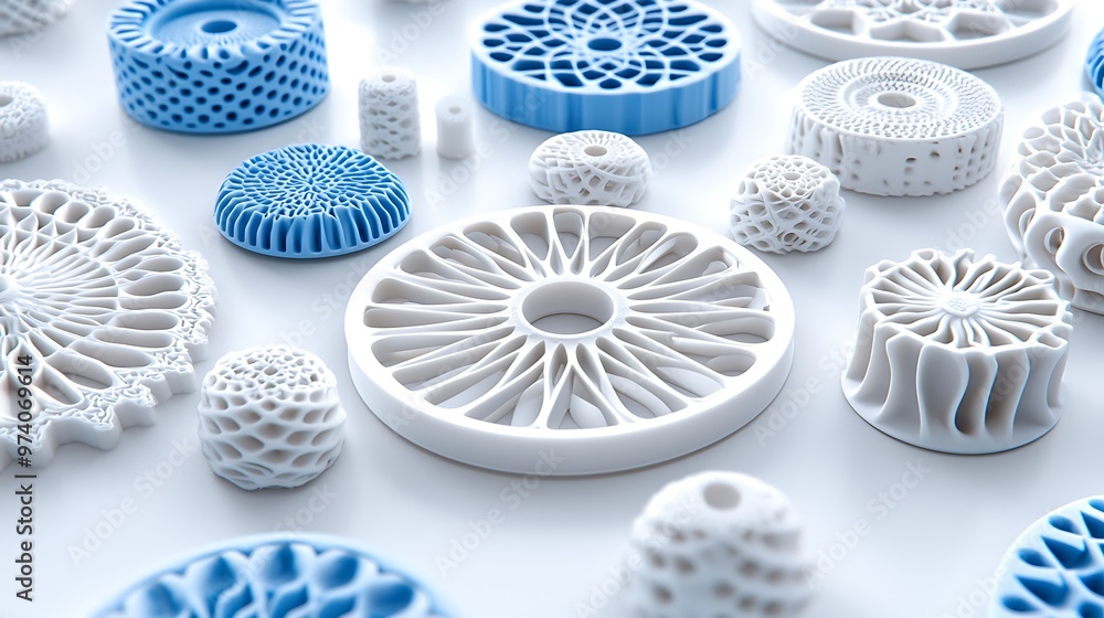 Poster an abstract 3d rendering of geometric shapes in blue and white, dynamic and futuristic.