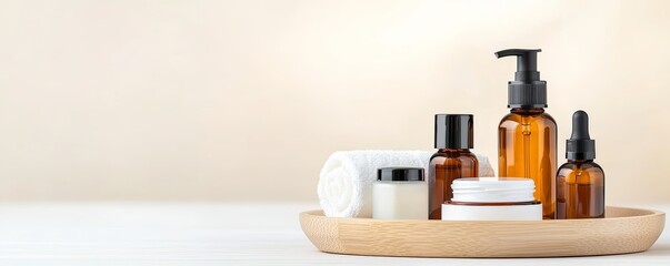 Spa skincare set with amber bottles, pump dispenser, and natural accessories on a wooden tray