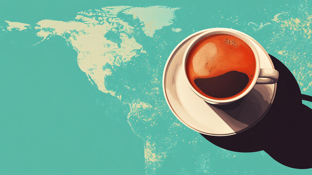 Celebrating International Coffee Day with a steaming cup of coffee on a teal world map backdrop