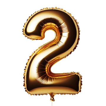 A shiny gold foil number 2 balloon in Isolated White background 