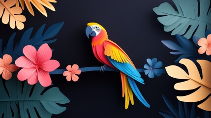 Fototapeta premium Whimsical illustration of a colorful parrot perched on a tropical branch, showcasing vibrant feathers and intricate floral patterns.