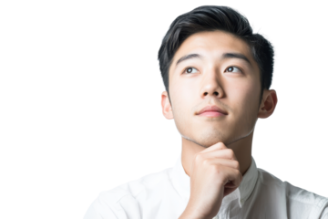 Young man pondering an idea with a thoughtful expression, isolated on transparent background. Concept of thinking, decision making, and innovation.