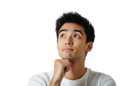 Young man in white shirt thinking with hand on chin, isolated on transparent background. reflecting ideas or pondering a decision.