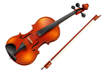 Fototapeta premium Beautiful polished wooden violin with bow on a clean white background. Exquisite craftsmanship and luxurious design. Isolated transparent background.