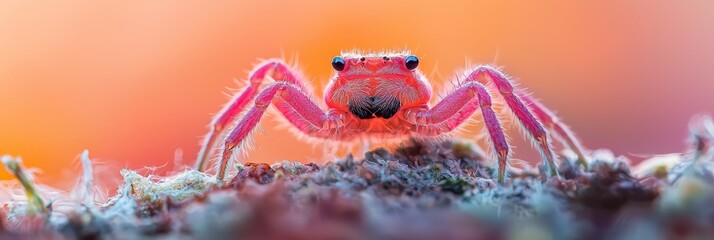  A pink spider, closely framed, sits on mossy surface against an orange and pink backdrop