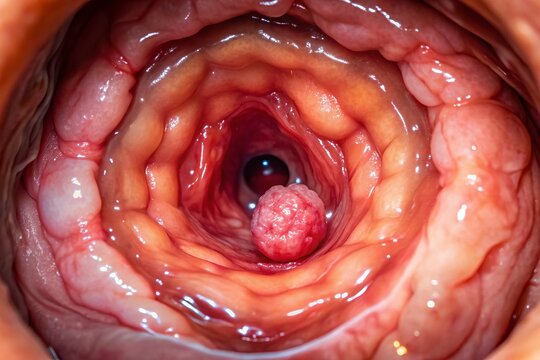 Close-up image of a colonoscopy procedure showing a benign colorectal polyp, a small growth on the inner lining