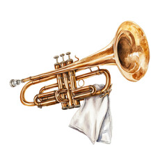 Naklejka premium Shiny golden trumpet with cloth placed on a plain background. Light reflects beautifully off the surface, giving it a vintage music feel. Isolated transparent background.