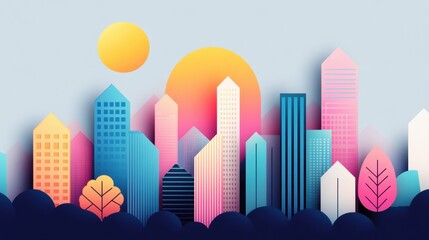 A vibrant and bustling illustration of a downtown cityscape skyline, capturing the energy and activity of the city commercial heart.