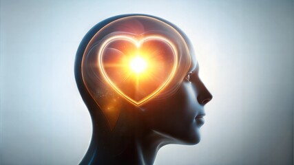 Heart inside glowing brain, mental health and emotional wellness concept