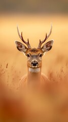 Fototapeta premium A deer with antlers, its face filling the frame, against a backdrop of lush grass in the background