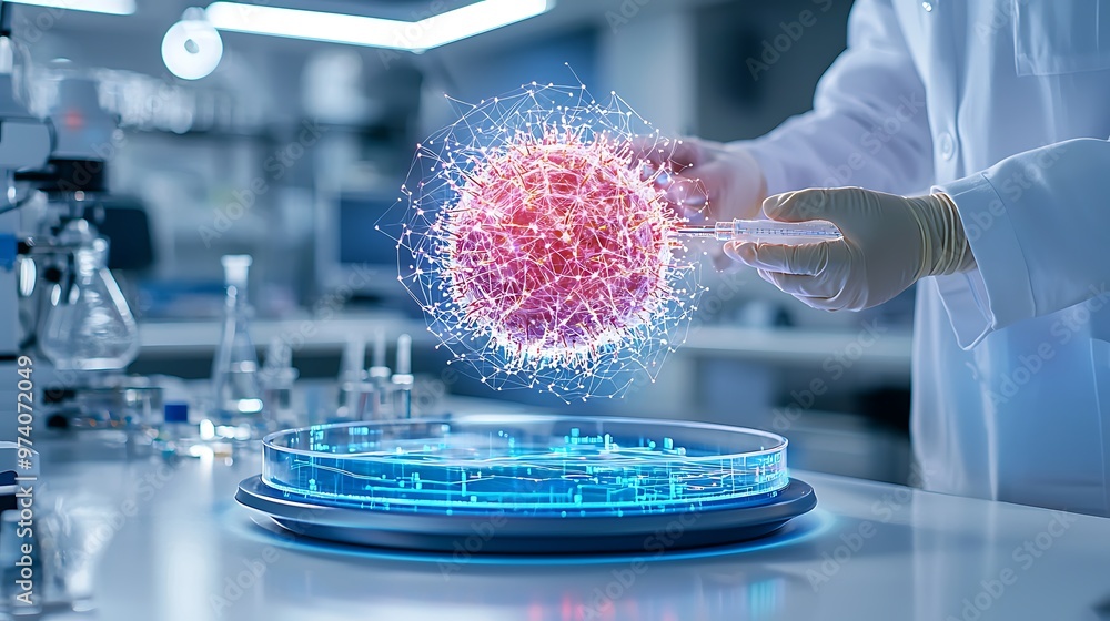 Poster a scientist examines a virus model with a syringe, digital displays surrounding the lab in a futuris