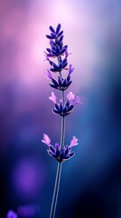  A tight shot of a purple bloom against a backdrop of blue and purple, featuring a softly blurred sky