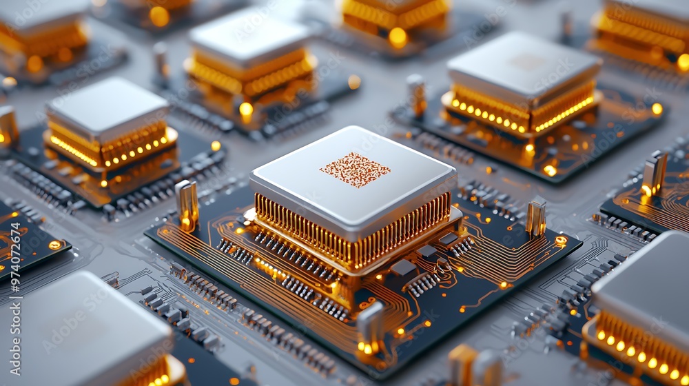 Poster an illuminated cpu processor chip glows on a motherboard, its golden contacts shimmering with techno