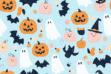 Halloween Ghost and pumpkin pattern seamless background
