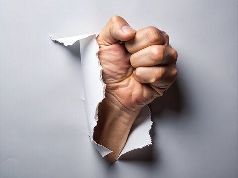 Close-up of a hand forcefully ripping a sheet of white paper in half, revealing a messy, torn edge