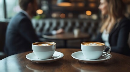 Fototapeta premium Two cups of latte with heart designs sit on a wooden table, setting the perfect mood for a coffee date.