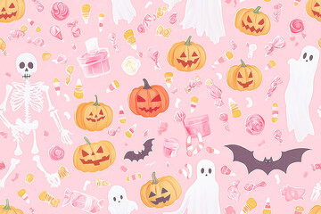 Halloween skeleton and ghost seamless background